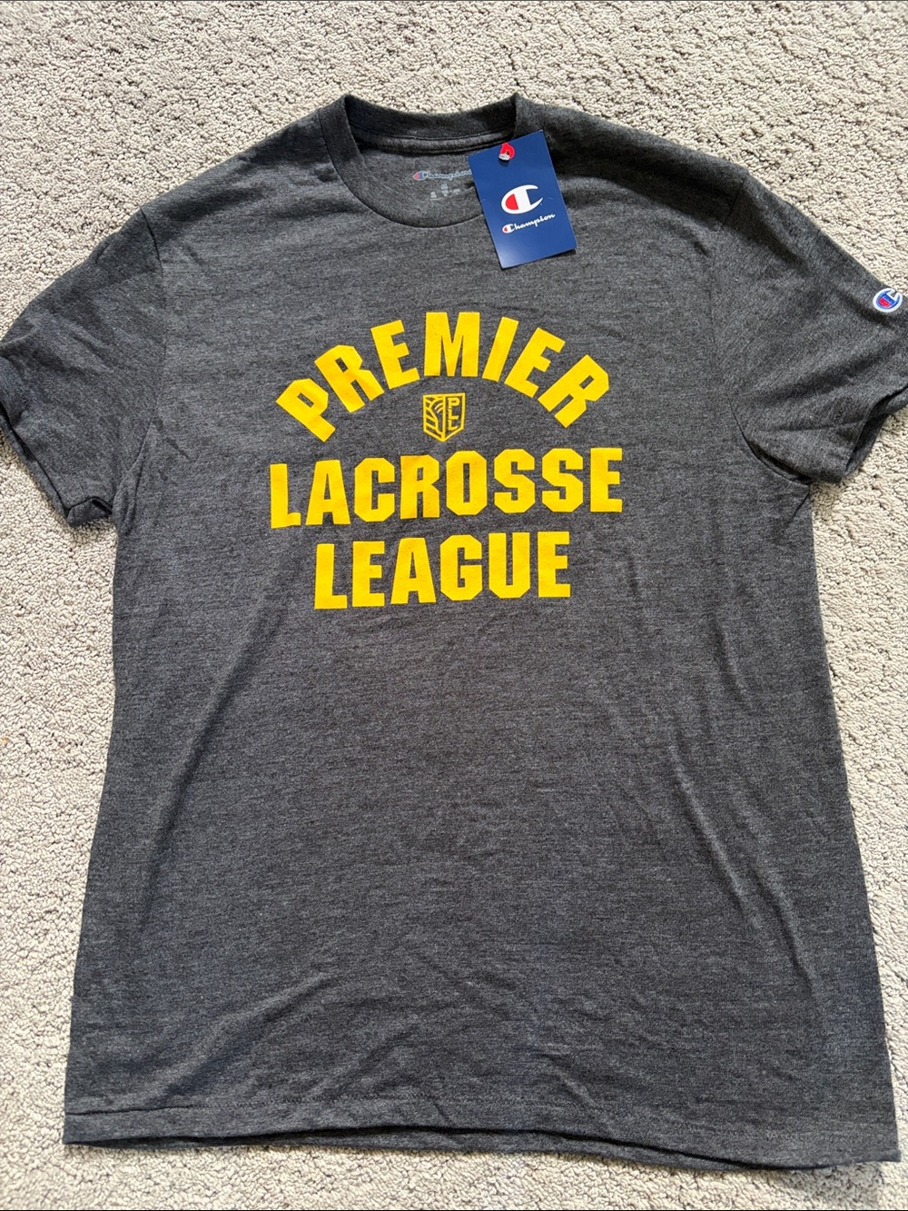 Champion Heather Charcoal Premier Lacrosse League Tee with Yellow Print